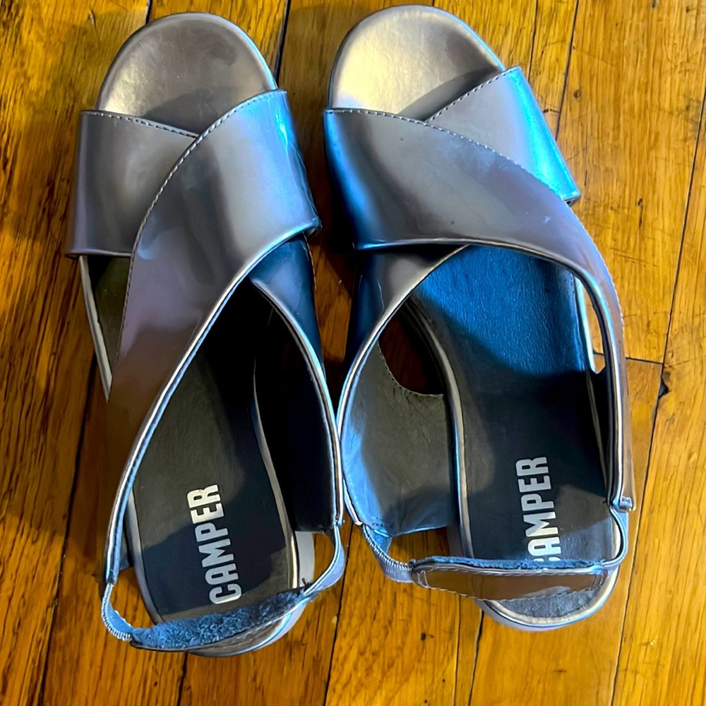 Camper Silver cross strap platform sandals